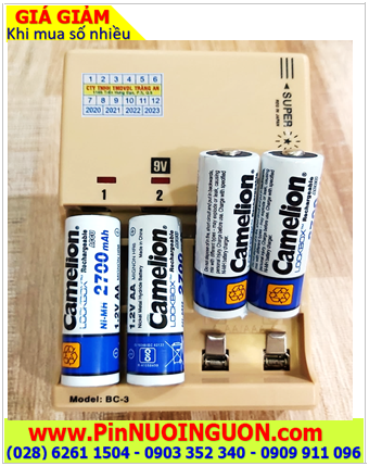 Super BC-3; Bộ sạc pin Super BC-3 kèm sẳn 4 pin sạc Camelion NH-AA2700LBP2 (AA2700mAh 1.2v)